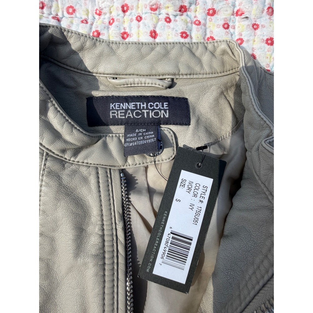 Kenneth Cole Reaction Faux Leather‎ Moto Jacket Ivory Grey 175SU051 Womens Small